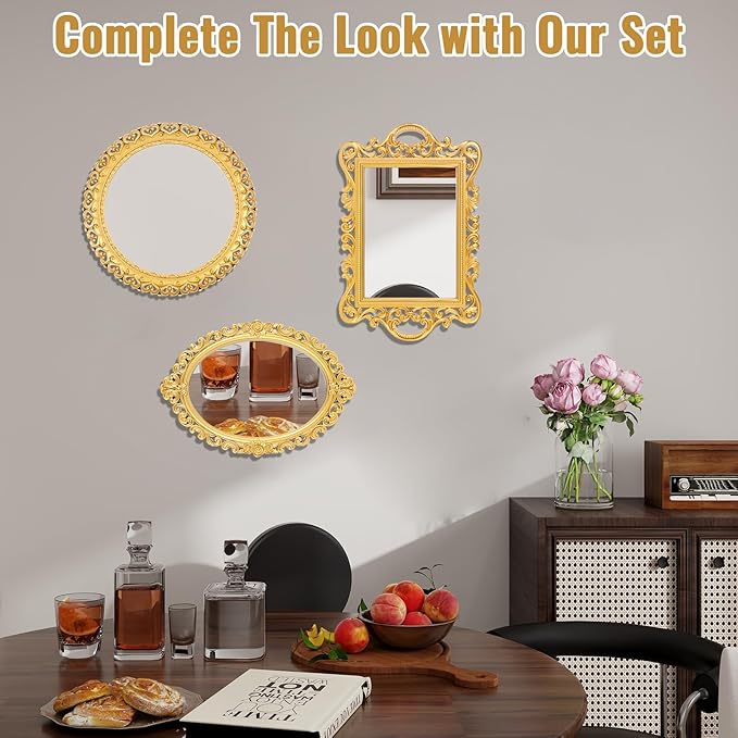 YEXEXINM 3 Styles Vintage Gold Mirror Set Decorative Antique Mirrors for Wall Hanging Vanity Table Mirrors with Stand Resin Frame Retro Mirror for Living Room, Bedroom, Dresser & Photography Decor