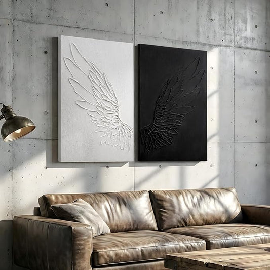 JUHOME Large Black and White Abstract Wall Art - 2-Piece 24x36 in Original Hand-Painted Wing Canvas Wall Art Set, Textured Dual Panel Oil Painting for Modern Living Room Bedroom Office Wall Decor