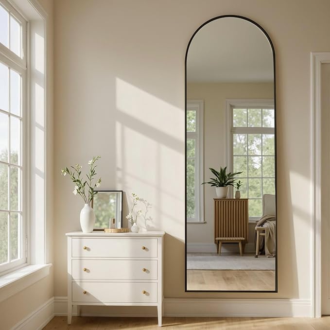 MISSDAY 64"x21" Arched Full Length Mirror, Full Body Mirror with Stand, Floor Mirror Long Free Standing, Leaning or Hanging, Aluminum Thin Frame Wall-Mounted Mirrors Wall Mirrors for Bedroom, Black