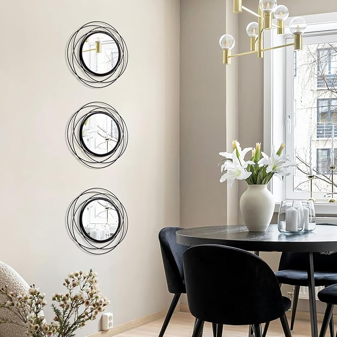 3 Set. Round Mirrors for Wall Decor Living Room Bedroom Bathroom Dining Room Metal Circle Mirror Set Boho Decorative Sunburst Wall Art Accent Entryway - Black 9.5 in.