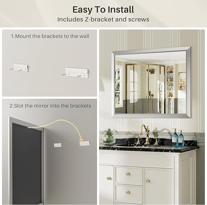 60x36 Inch Brushed Silver Bathroom Mirror for Wall, Thick Metal Framed Rectangle Mirrors for Over Sink, Bedroom, Living Room, Entryway, Anti-Rust, HD Tempered Glass
