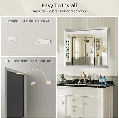 60x40 Inch Brushed Silver Bathroom Mirror for Wall, Thick Metal Framed Rectangle Mirrors for Over Sink, Bedroom, Living Room, Entryway, Anti-Rust, HD Tempered Glass