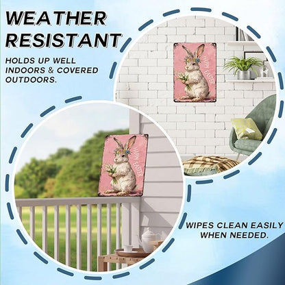 Happy Easter Bunny Metal Sign Pink Background Design Rustic Farmhouse Wall Art For Home Kitchen Garden Spring Decor 12x16Inch