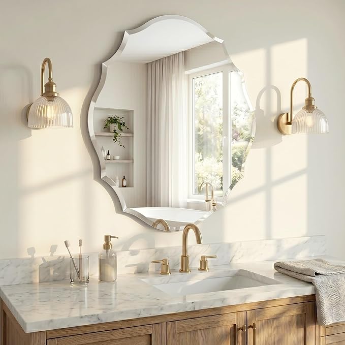 Frameless Wall Mirror 28x22 Inch, Decorative Scalloped Vanity Mirror with Beveled Edge for Bathroom, Entryway & Bedroom