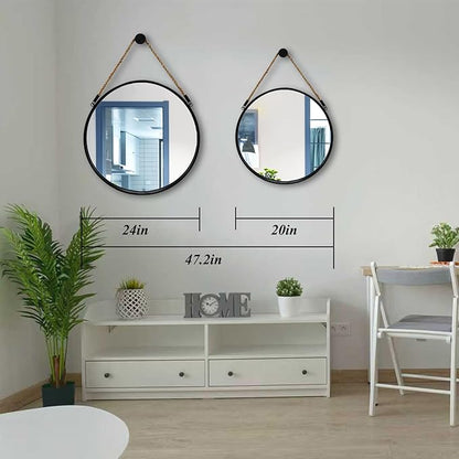 POZINO Round Hanging Mirror, 20" Rope Wall Mirrors Decorative, Black Metal Frame Circle Mirrors, Farmhouse Wall Mounted Mirrors for Bathroom, Bedroom, Living Room, Entryway, Home Decor