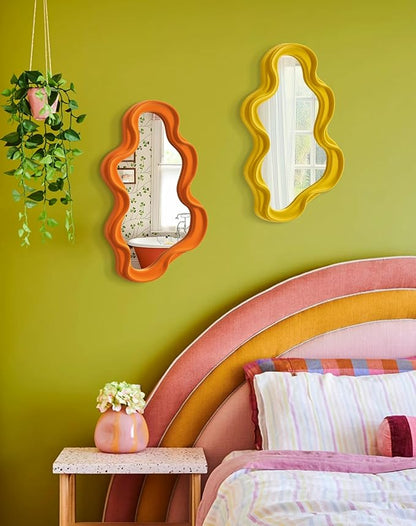 Trendy Bedroom Mirrors for Wall Decor, Soft Velvet Wall Mounted Cloud Mirror for Girl Teen Women Bedroom Decoration, Cute Hanging Sculpture Home Accent for Dining Room Kitchen (Yellow-Orange)