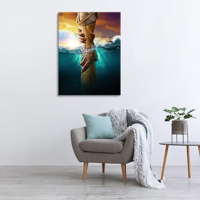 Jesus Christ Canvas Wall Art The Hand of God Jesus Reaching Into Water Christian Painting Prints Biblical Wall Decor Religious Room Decor for Church Living Prayer Bedroom Room Hospitals 16x24In canvas