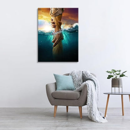 Jesus Christ Canvas Wall Art The Hand of God Jesus Reaching Into Water Christian Painting Prints Biblical Wall Decor Religious Room Decor for Church Living Prayer Bedroom Room Hospitals 16x24In canvas