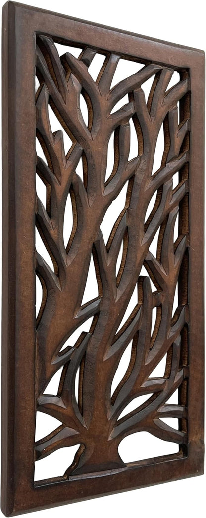Wood Wall Art -Wall Panels in Handcrafted Carved Wood For Livingroom Bedroom,Dining room,Elegant Decorative Wall Art for Home & Office 8x16" Set of 2 Burnt Brown_Tree Leaf Designs