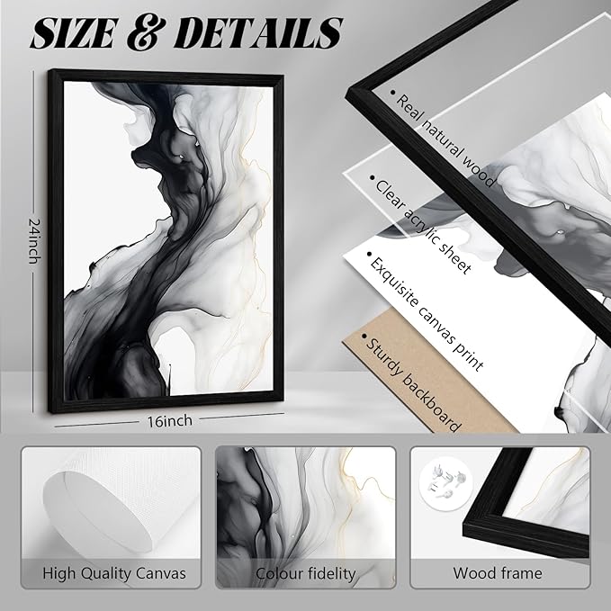 Black White Abstract Wall Art Decor Set of 3 Modern Wall Art Minimalist Canvas Wall Decor Black White Abstract Prints Modern Pictures Minimalist Artwork for Room Bedroom 16x24 Inch Framed