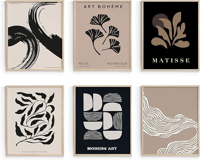 Habseligkeit Brown Abstract Posters for Room Aesthetic, Minimalist Matisse Wall Art Prints, Retro Room Decor Aesthetic Vintage Prints for Wall Decor Unframed, 8x10in, Set of 6