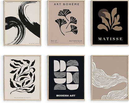 Habseligkeit Brown Abstract Posters for Room Aesthetic, Minimalist Matisse Wall Art Prints, Retro Room Decor Aesthetic Vintage Prints for Wall Decor Unframed, 8x10in, Set of 6