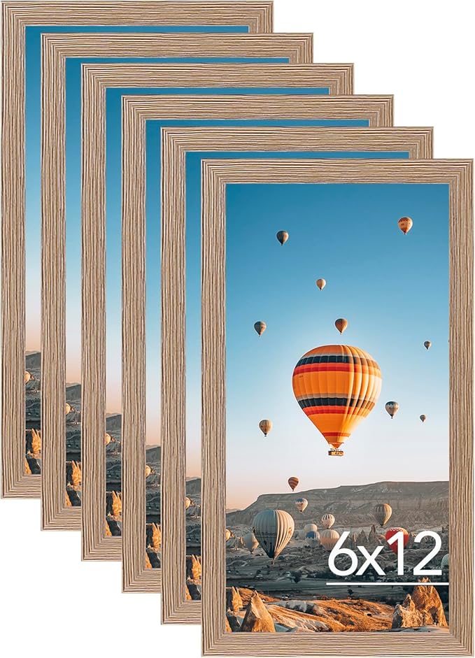 JCJMY 6x12 Rustic Brown Picture Frame Set of 6, Horizontal and Vertical Formats for Wall Hanging, 6 x 12 Wall Gallery Poster Photo Frames with Shatter Resistant Plexiglass, 6 Pack, Rustic Brown