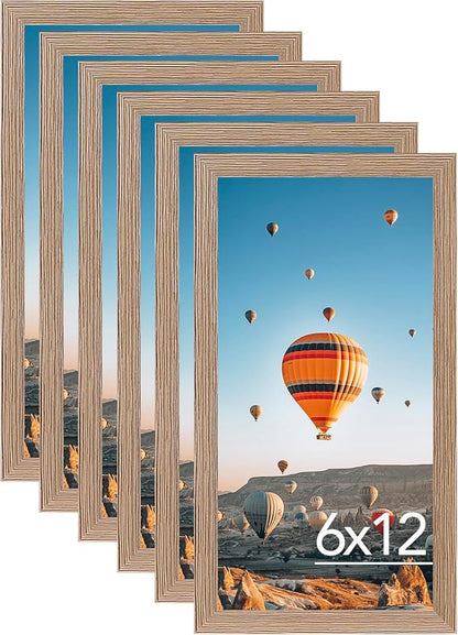 JCJMY 6x12 Rustic Brown Picture Frame Set of 6, Horizontal and Vertical Formats for Wall Hanging, 6 x 12 Wall Gallery Poster Photo Frames with Shatter Resistant Plexiglass, 6 Pack, Rustic Brown