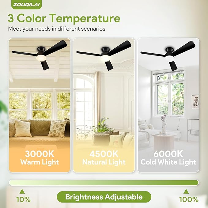 Ceiling Fans with Lights - 42 Inch Low Profile Ceiling Fan with Light and Remote, Reversible DC Motors, 3CCT Dimmable Timer Noiseless, Black Flush Mount Ceiling Fan for Bedroom/Living Room