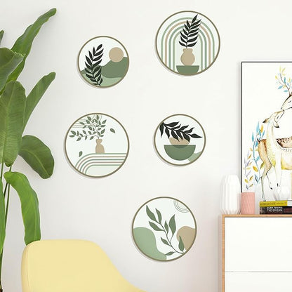 Zzbakress 5 Pcs Boho Wall Decor Farmhouse Wooden Round Bathroom Decor Vintage Bohemian Wall Hanging Decor for Living Room Modern Geometric Wall Decoration Aesthetic Minimalist Wooden Wall Art for Bedroom Apartment Office (Greenery, 5)