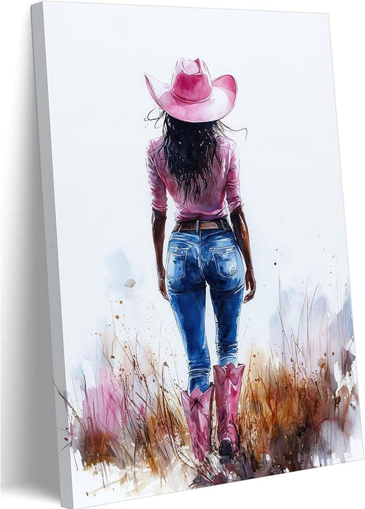 Pink Black Girl Canvas Wall Art Fashion Cowgirl Wall Decor Picture West African American Girl Wilderness Cowgirl Poster Printing for Teen Girls Room Preppy Dormitory Bedroom Artwork Home Decoration