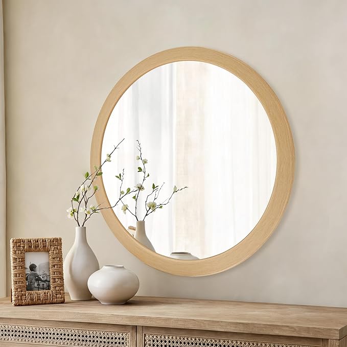 CULER Round Mirrors 24 Inch,Wood Vanity Wall Rustic Mirror, Natural Circle Tempered Glass Mirror for Bathroom Bedroom Living Room or Entryway