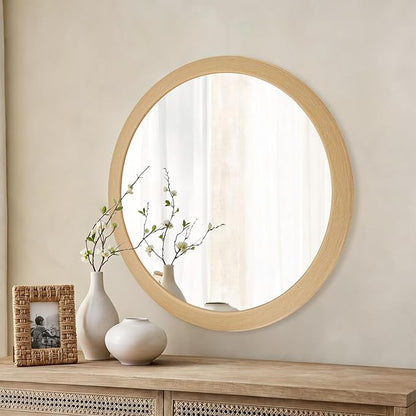 CULER Round Mirrors 24 Inch,Wood Vanity Wall Rustic Mirror, Natural Circle Tempered Glass Mirror for Bathroom Bedroom Living Room or Entryway