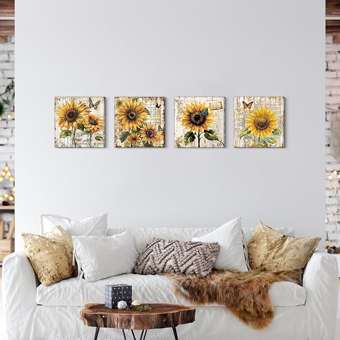 Sunflower Wall Art Farmhouse Sunflower Pictures Kitchen Wall Decor Butterfly Flowers Canvas Posters Prints for Living Room Rustic Botanical Paintings Vintage Artwork Home Decorations 12x12” 4Pcs
