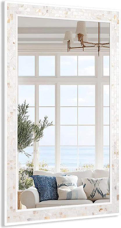 Tanmicoshomy 24 x 47 Inch White Rectangle Wall Mirror, Natual Shell Framed Rectangle Bathroom Mirrors with Tempered Glass for Bedroom Living Room or Entryway, Horizontal or Vertical Hanging