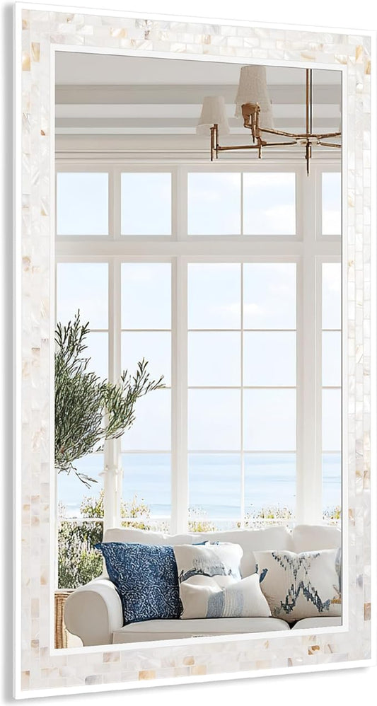 Tanmicoshomy White Framed Rectangle Mirrors 24 x 47 Inch, Coastal Wall Mirrors with Natural Shell for Bathroom, Bedroom or Entryway, Wall Mounted Horizontal or Vertical
