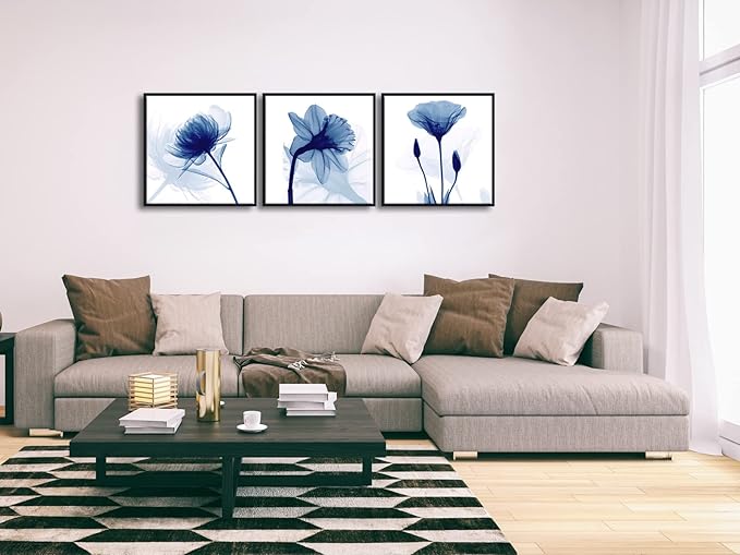 Wieco Art Framed Wall Art Blue Abstract Flowers 3 Panels Canvas Prints Home Art Modern Artwork Wall Pictures for Living Room Bedroom and Home Decorations Black Frame