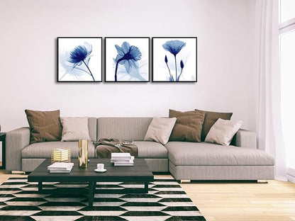 Wieco Art Framed Wall Art Blue Abstract Flowers 3 Panels Canvas Prints Home Art Modern Artwork Wall Pictures for Living Room Bedroom and Home Decorations Black Frame