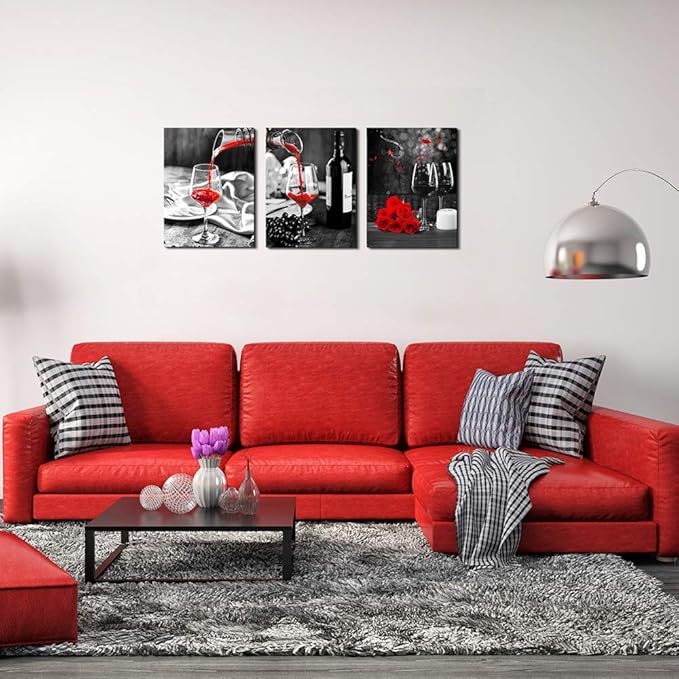 Kitchen Wall Art For Dining Room Wall Decor Still Life Black And White Canvas Art Prints Wine Barrel Bar Red Rose Painting Modern Family Wall Decorations Restaurant Bedroom Decor Artwork 3 Piece Set