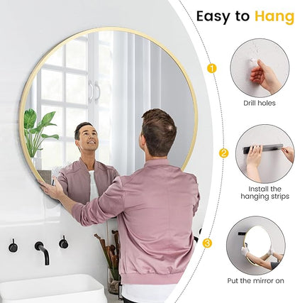 GarveeHome Large Round Mirror for Wall, 36 in Large Aluminum Alloy Circle Frame, High Definition Eco-Friendly Gold Round Bathroom Mirror for Over Sink, Wall Mirror for Entryway, Bathroom