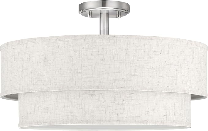 20 Inch LED 24W Adjustable 3000/4000/5000 Brushed Nickel Double Drum Linen Fabric Shade Semi Flush Mount Close to Ceiling Light Fixture for Bedroom,Living Room,Dining Room Hallway