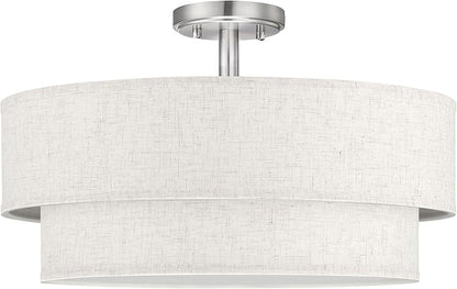 20 Inch LED 24W Adjustable 3000/4000/5000 Brushed Nickel Double Drum Linen Fabric Shade Semi Flush Mount Close to Ceiling Light Fixture for Bedroom,Living Room,Dining Room Hallway