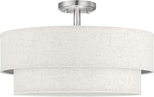 20 Inch LED 24W Adjustable 3000/4000/5000 Brushed Nickel Double Drum Linen Fabric Shade Semi Flush Mount Close to Ceiling Light Fixture for Bedroom,Living Room,Dining Room Hallway