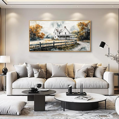 QIYILEXWART Wood Framed Canvas Wall Art For Living Room Wall Decor For Bedroom Office Wall Decoration White Hut Painting Farmhouse Watercolour Pictures Artworks Room Home Decor Ready To Hang