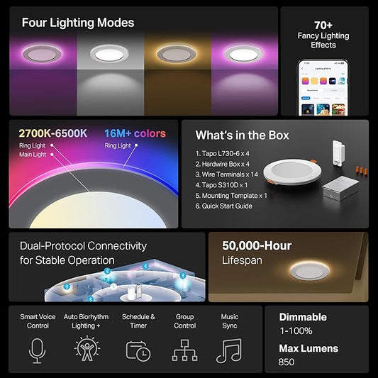 Tapo Smart 6-Inch Recessed Downlight Kit (4-Pack) - 1100 lm, 16M Colors, Tunable White 2700K-6500K, Ultra-Dim 1%, Matter-Compatible, Wi-Fi & Bluetooth Mesh - L730-6 KIT