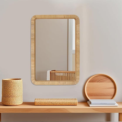 FUIN 20" x 30" Rattan Wicker Rectangle Wall Mounted Bathroom Mirror for Coastal Boho Nursery Decor, Natural