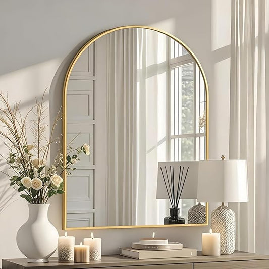 Dewfig Arched Wall-Mounted Mirror, 20"x30" Arch Bathroom Mirror, Gold Vanity Mirror for Wall Décor, Wall Mirror with Metal Frame for Bedroom, Entryway, Living Room, Brushed Gold