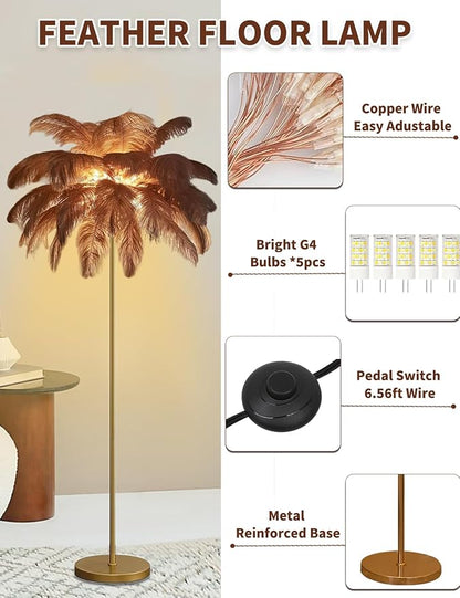 Feather Floor Lamp,Fluffy Ostrich Feather Floor Lamp for Bedroom,3 Color Temperatures Led Corner Modern Floor Lamps for Living Room Christmas Home Decor House Warming Gifts,63″ Height,50 Piece(Brown)