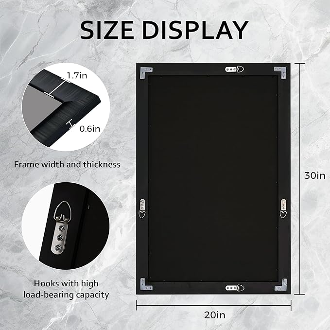 Black Framed Bathroom Mirror, 20x30 Inch Rectangle Mirrors with Tempered Glass for Bathroom Bedroom or Entryway, Vertical & Horizontal Hanging