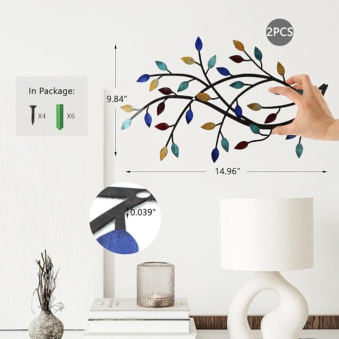 Meltset Metal Tree Leaf Wall Decor, Vine Olive Leaf Branch Wall Art, Wrought Iron Scroll Artwork, Decorative Wall Sculptures Above The Bed, Living Room, Hallway, Indoor and Outdoor（S/Blue）
