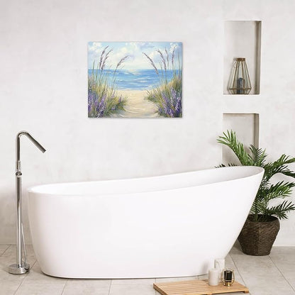 LB Coastal Lavender Beach Wall Art Vintage Lavender Flower Butterfly with Inspirational Canvas Wall Art Rustic Wood Wall Decor for Bedroom Bathroom Living Room Framed Artwork Ready to Hang 12L x 12W