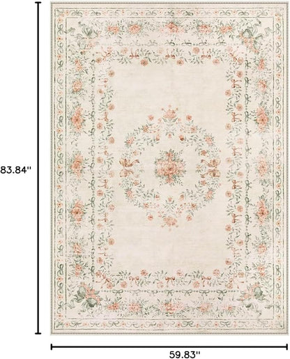 Wonnitar Floral Bow Washable Area Rug 5x7, Ultra-Thin Beige Rugs for Bedroom, Boho Non Shedding Neutral Soft Carpet for Nursey Kids Room Dorm Living Room, Beige