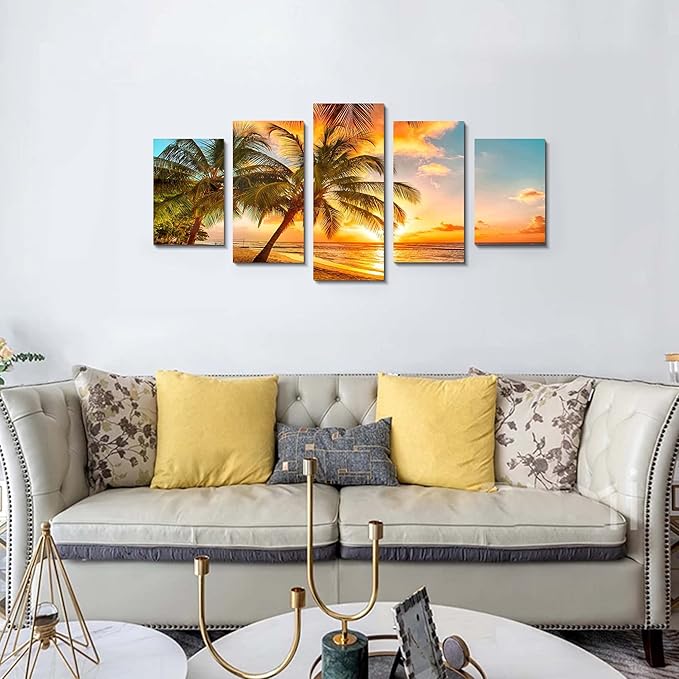 Golden Seascape Poster - Ocean Beach Wall Art Cozy Sea Artwork Modern Ocean Sunset Sea Beach Canvas Prints Pictures Paintings on Canvas Wall Art for Home Decor 5 Panels Gallery Wrapped Tropical Scenery Seascape Artwork (5pcs,60"W x 30"H)