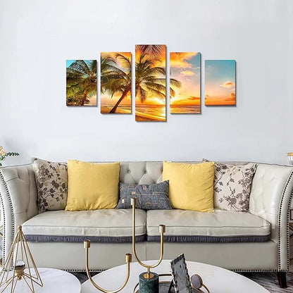Golden Seascape Poster - Ocean Beach Wall Art Cozy Sea Artwork Modern Ocean Sunset Sea Beach Canvas Prints Pictures Paintings on Canvas Wall Art for Home Decor 5 Panels Gallery Wrapped Tropical Scenery Seascape Artwork (5pcs,60"W x 30"H)