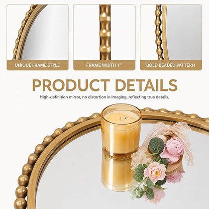24x36 Inch Oval Wall Mirror with Antique Gold Beaded Frame, Vertical or Horizontal Hanging Vanity Mirror for Bathroom, Powder Room or Bedroom, Decorative Oval Mirror Wall Decor