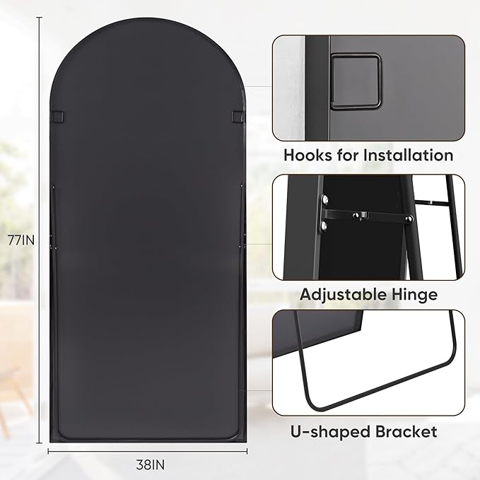 Antok 78" x 38" Full Length Mirror, Floor Mirror Arched Window Decorative Mirror, Metal Framed Decor Farmhouse Floor Mirrors Art Pane Mirrors Wall Decor for Bedroom, Living Room, Entryway Black