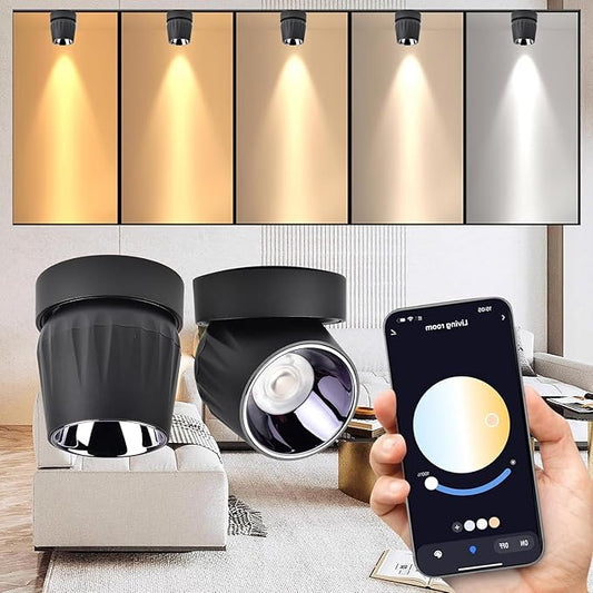 LED Ceiling Spotlight Indoor Dimmable - Tuya Smart Life 360° Adjustable 12W COB Ceiling Downlight Aluminum Hard Wired For Bedrooms Rooms Corridors Painting Background Walls (Black, B ( 4.02"*3.62"))