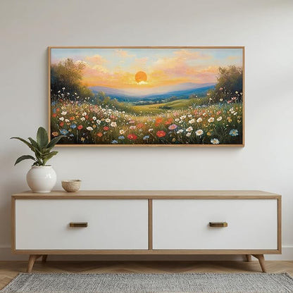 HOURIA Watercolor Spring Floral Meadow Landscape Framed Canvas Wall Art Set,Boho Vibrant Colorful Wildflower Decor,Modern Sunset Nature Inspired Scenery Artwork for Living Room,Bedroom,Farmhouse-20"x40"x1