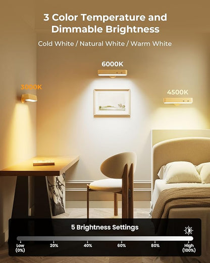 PopoIron 7500 mAh Rechargeable Wood Wall Sconce for Bedroom, LED Wall Light with Remote Control and Touch, 360° Magnetic Rotation, 3 Colours, Dimmable Wooden LED Wall Lamp with 15 RGB Colors,1 Pack