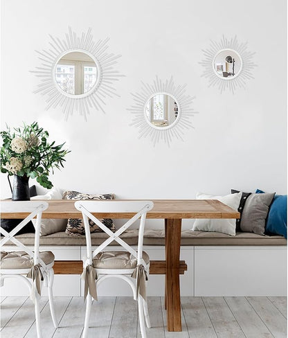 Wall Decor Spoked Sunburst Accent Wall Mirror Round Home Modern Metal Art Mirror for Bathroom Living Room Hallway Bedroom Balcony Farmhouse Entrance White 12"
